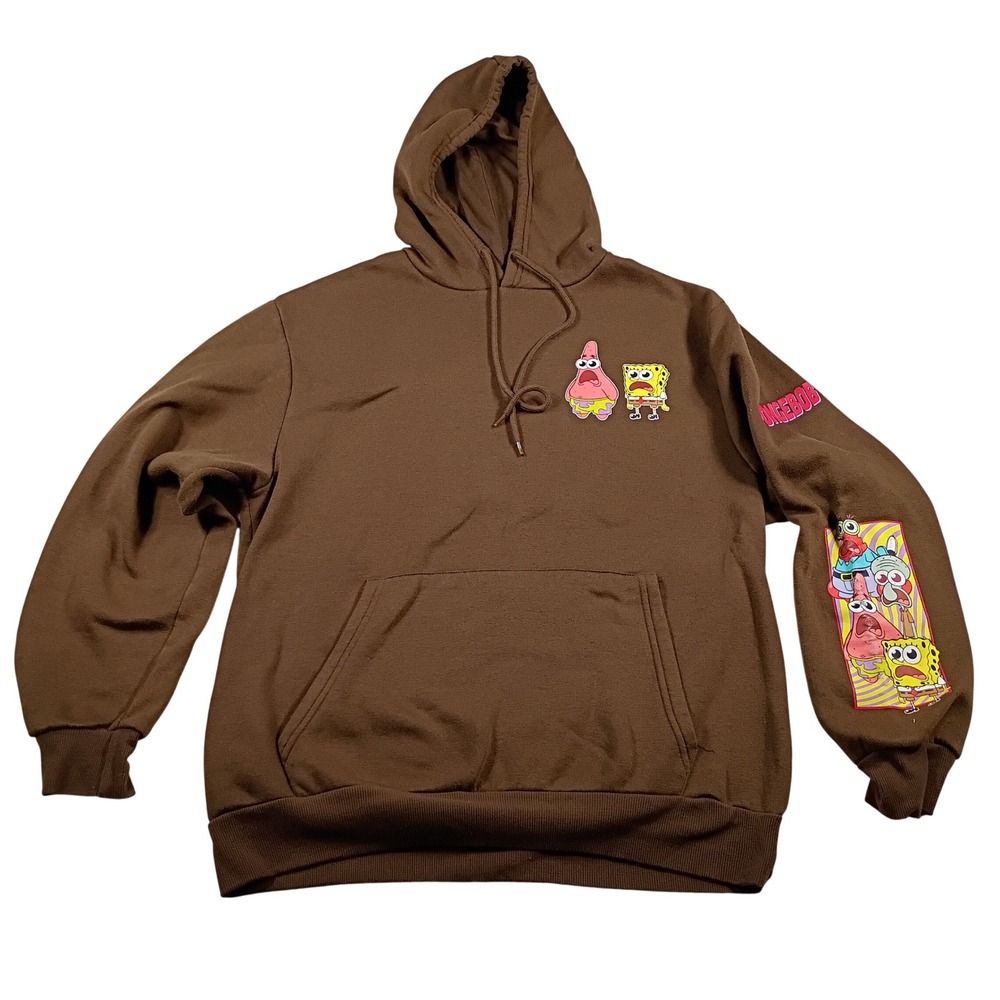 SpongeBob SquarePants Hoodie Mens L Brown Graphic Pullover Excellent Cartoon 90s